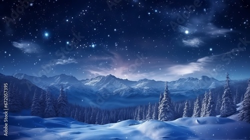 Stunning nighttime view of snowy forest and mountains under starry sky and clouds