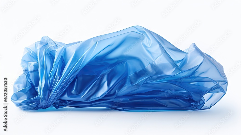 it is one open wrinkled blue plastic bag isolated on white.