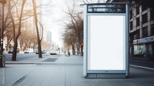 White blank vertical billboard at the bus stop on the city street. In the background of buses and roads. Sketch. Poster on the street next to the road