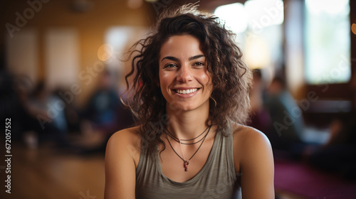 woman smiling in yoga class with people in the background. relax Free Download woman smiling in yoga class with people in the background. relax - GFXLoad