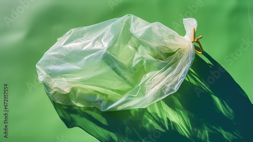 One transparent inflated and tied plastic bag lies on the right on a green background with a hard shadow from the sun, flat lay close-up. Earth day concept, recycling, pollution.