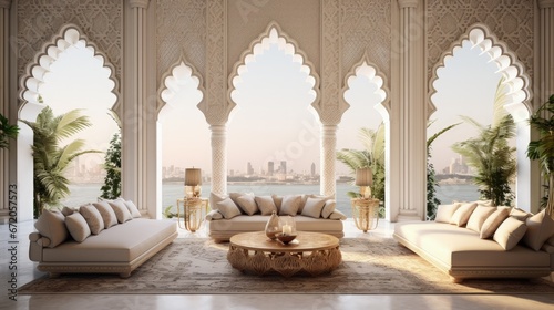 Arabic,Islamic style living room interior design with arch and arabic pattern.3d rendering photo