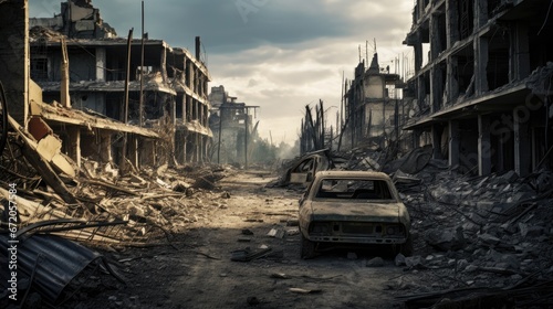 Panoramic view to the destroyed city after the war. Dramatic scene of the Bombed out, burning and fuming city. Human suffering and war. Ruined, deserted city after war with dark clouds