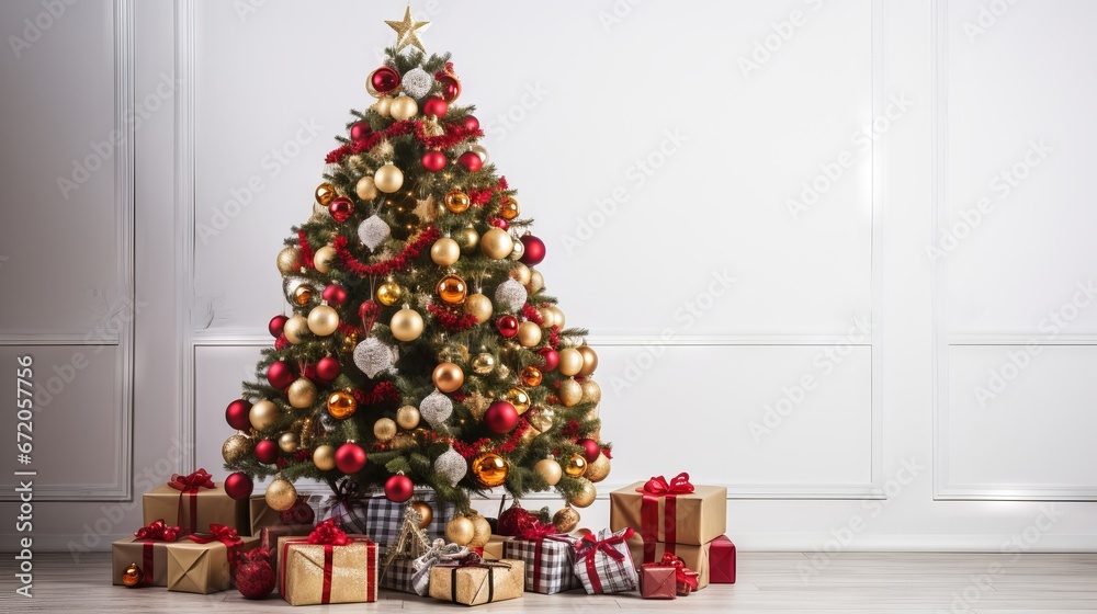 Christmas tree with shiny baubles and presents on wooden floor and white wall background with copy space