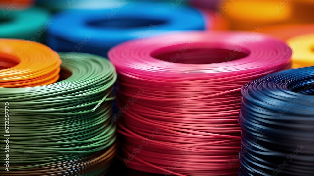 Multicolored filaments of plastic for printing on 3D printer close-up. Spools of 3D printing motley different colors thermoplastic filament. Motley ABS wire plastic for 3d printer. Additive technology - obrazy, fototapety, plakaty 