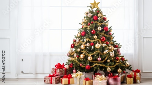 Christmas tree with shiny baubles and presents on wooden floor and white wall background with copy space