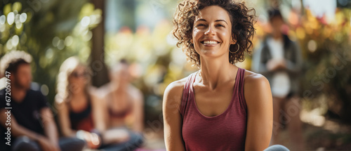 woman smiling in yoga class with people in the background. relax 