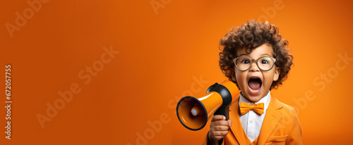 Young toddler boy happily screaming in megaphone loudspeaker on studio orange background. Important announcement news, significant messages sale discount concept. Copy paste place for text photo
