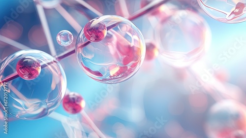 Molecule inside Transparent liquid bubble and DNA on soft background, concept skin care cosmetics solution. 3d rendering.