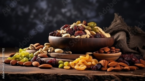 Assortment of dry fruits and nuts. Judaic holiday Tu Bishvat. Copy space