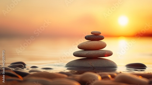 Balanced pebble pyramid silhouette on the beach. Abstract warm sunset bokeh with Sea on the background. Zen stones on the sea beach  meditation  spa  harmony  calmness  balance concept Selective focus