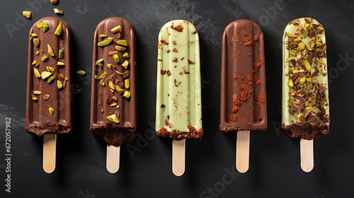 Ice cream popsicle pattern. Flat-lay of chocolate glazed ice cream pops with pistachio icing over grey concrete background, top view, close-up. Summer seasonal cold sweet healthy vegan dessert photo