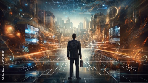 Businessman Steps into Future. Start, Moving Forward to New Technology, Web3.0, Metaverse, Blockchain and the Next Layer of the Internet Concepts. Futuristic Tone photo