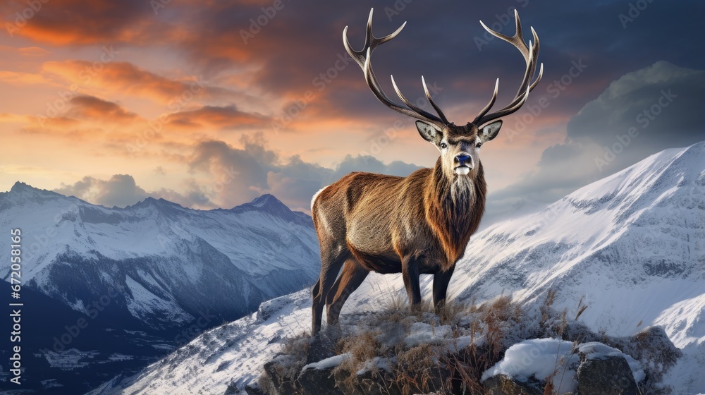 Composite image of red deer stag in Beautiful Alpen Glow hitting mountain peaks in Scottish Highlands during stunning Winter landscape sunrise - obrazy, fototapety, plakaty 