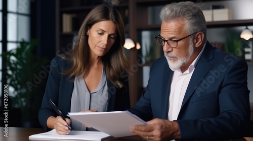 Two business people, a business man and a business woman, engage in a discussion as they read a financial report together.