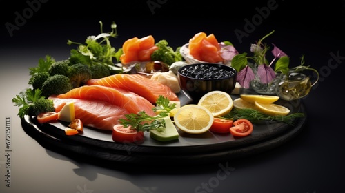 Appetiser platter with salmon, black caviar and sliced fresh vegetables for hospitality and gastronomy branding