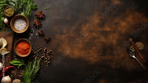 Cooking table with herbs, spices and utensils. Top view with copy space