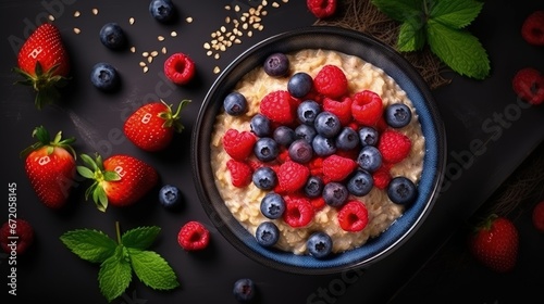 Healthy Oatmeal Porridge With Summer Berries Blueberry Raspberry Strawberry In A Bowl. Clean Eating Concept