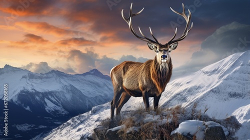 Photographie Composite image of red deer stag in Beautiful Alpen Glow hitting mountain peaks