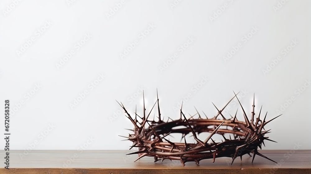 Fototapeta premium Crown of thorns on wooden table against white background, closeup with space for text. Easter attribute