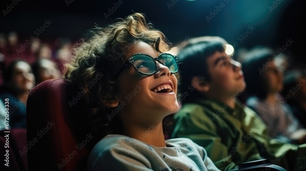 Joyful little boy in the cinema watching an exciting movie.
