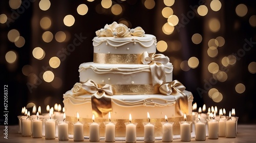 Luxurious white and gold cake with candles and gifts for birthday or wedding celebration