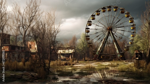 old abandoned Park, empty metal Ferris wheel without cabins in absence of visitors, a day off, repairs and an abandoned creepy place, like Pripyat, disassembled into parts a children's attraction © HN Works