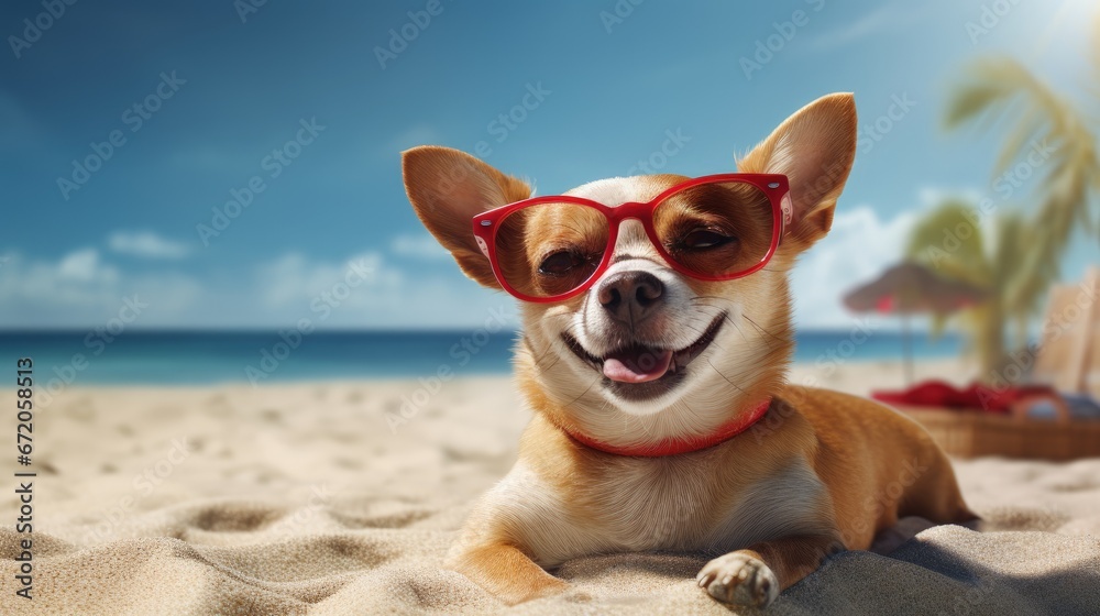 chihuahua dog at the beach having a wellness spa treatment wearing red funny sunglasses