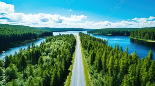 Aerial view of road between green summer forest and blue lake in Finland