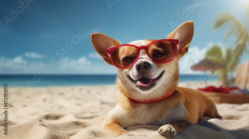 chihuahua dog at the beach having a wellness spa treatment wearing red funny sunglasses © HN Works