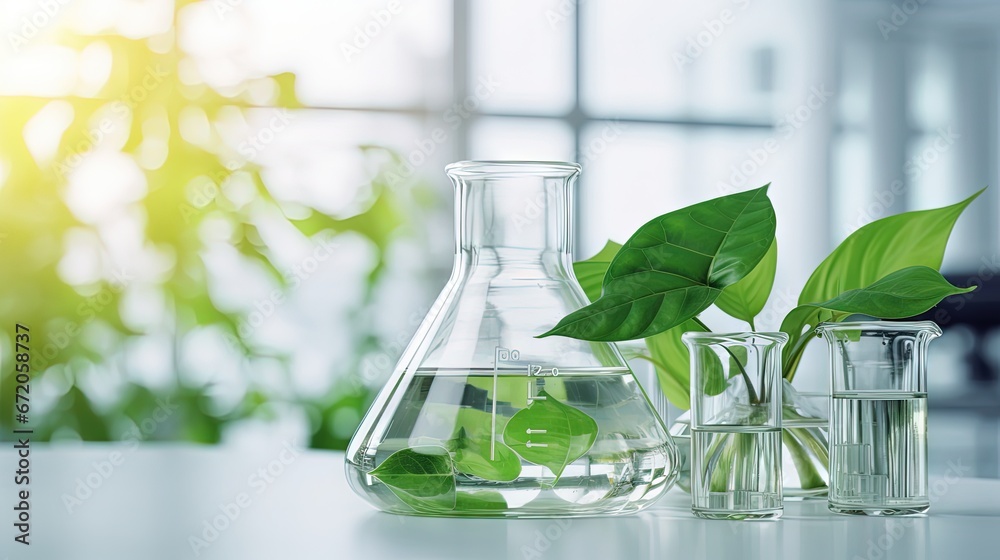 green leaf plant with glassware flask and vial in biotechnology science laboratory background - obrazy, fototapety, plakaty 