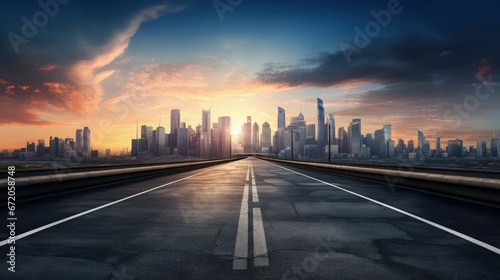 Modern city skyline and buildings with empty asphalt road at sunset