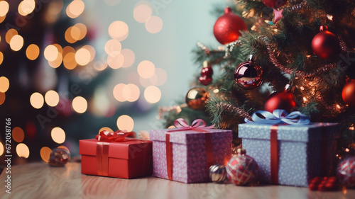 gift boxes and pine on the background of bokeh. christmas and new year background