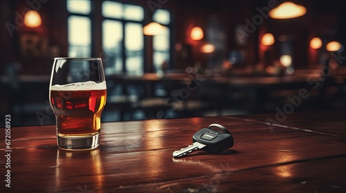 Drinking and driving concept. Car key on a wooden table, pub background photo