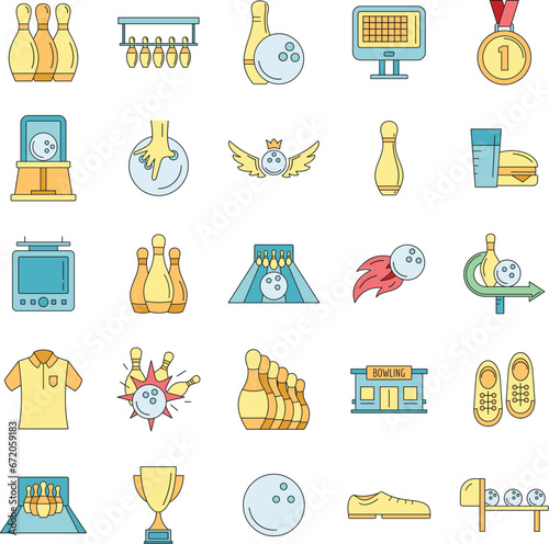 Bowling kegling game icons set. Outline illustration of 25 bowling kegling game vector icons thin line color flat on white