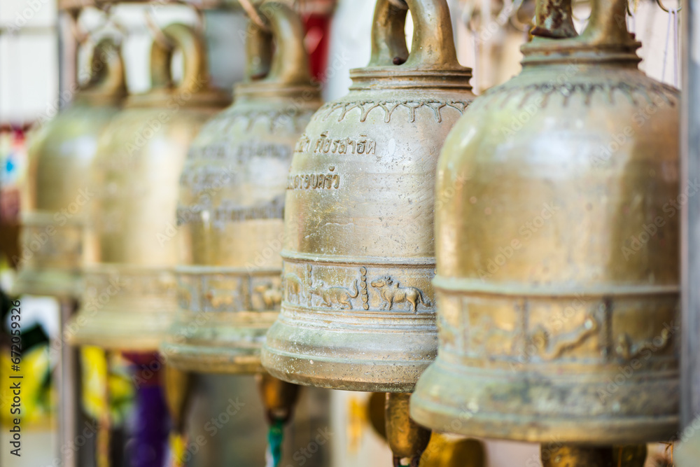 buddhist bells at ancient buddhist temple, close-up with selective focus. zen, meditation, mindfulness concept buddhist bells at ancient buddhist temple, close-up with selective focus. zen, meditation, mindfulness concept