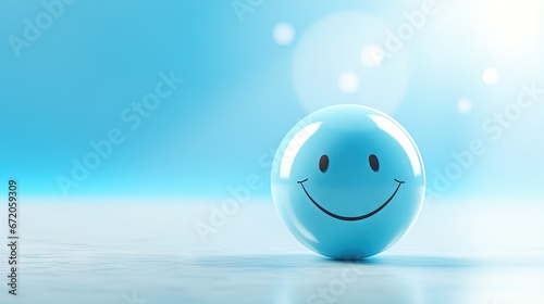 Bubble smile with happy face on pastel blue background, Positive thinking, Mental health assessment, World mental health day concept