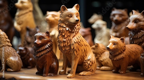 Fototapeta Naklejka Na Ścianę i Meble -  Animals wooden figurines handmade, Animal wooden carved, wood carving craft.