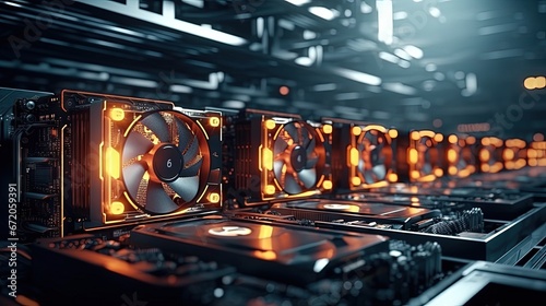 Bitcoin and others cryptocurrencies mining farm. GPU graphic cards rig for cryptocurrency mining. 3d illustration photo