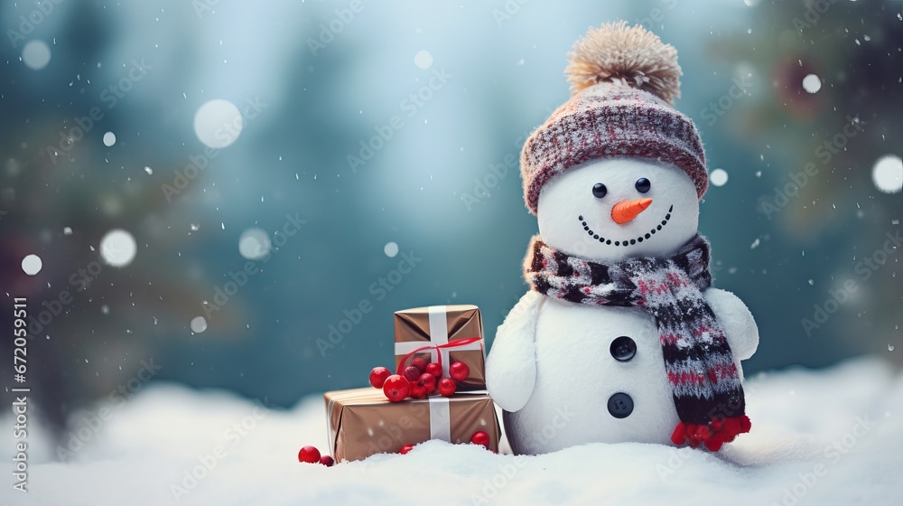 Joyful Christmas celebration: adorable snowman surrounded by festive gifts, perfect for happy holidays and new year festive wallpaper – copy space available