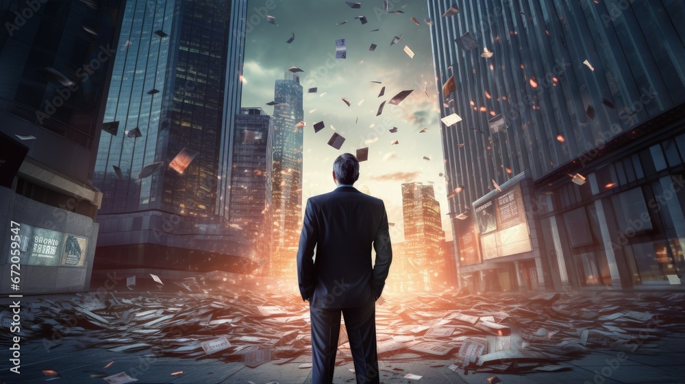 Banking collapse or bank run, financial crisis or bankruptcy problem, stock market crash or credit risk, failure or investment failure concept, frustrated businessman look at collapsing bank building. Banking collapse or bank run, financial crisis or bankruptcy problem, stock market crash or credit risk, failure or investment failure concept, frustrated businessman look at collapsing bank building.