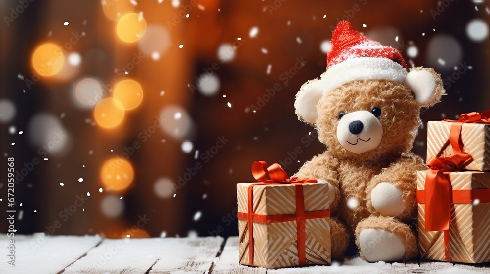 Joyful Christmas celebration: adorable teddy bear surrounded by festive gifts, perfect for happy holidays and new year festive wallpaper – copy space available
