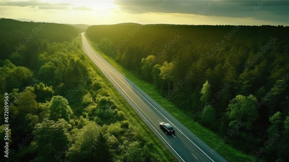 Aerial view of road in beautiful green forest at sunset in spring. Colorful landscape with car on the roadway, trees in summer. Top view from drone of highway in Croatia. View from above. Travel - obrazy, fototapety, plakaty 