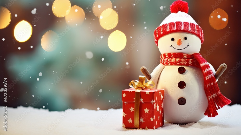 Joyful Christmas celebration: adorable snowman surrounded by festive gifts, perfect for happy holidays and new year festive wallpaper – copy space available