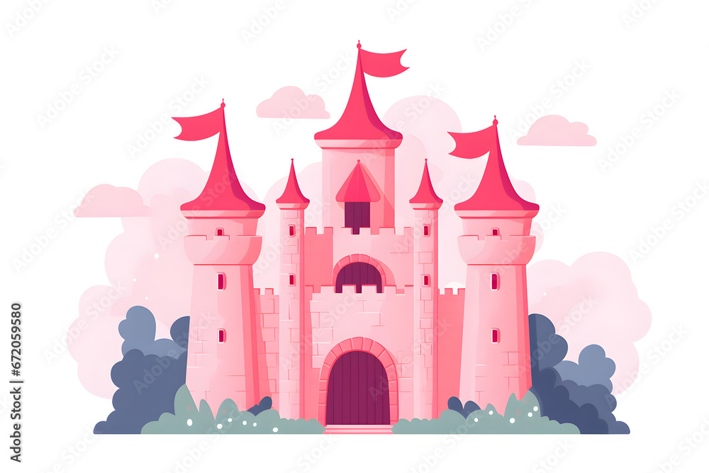 pink simple cartoon fairy tale castle landscape on white background