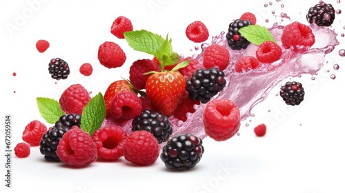 Isolated fresh berries float in the air. Falling blackberry, raspberry, blueberry, strawberry fruits and mint leaves isolated on white background with clipping path