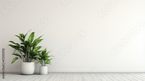 Obraz na płótnie White wall empty room with plants on a floor,3D rendering w salonie