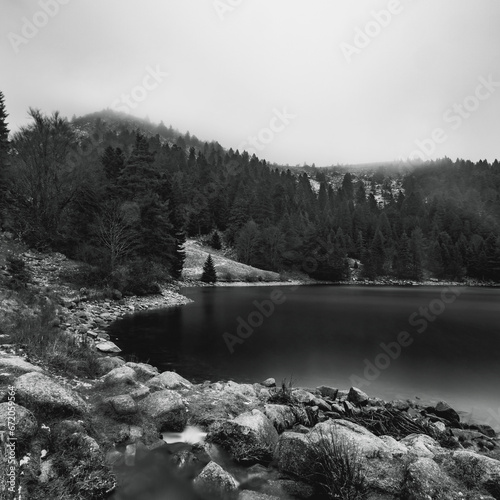Black an white photo of Vosges lake in Alsace, Lac Forlet, Lake near Orbey, Gazon du Faing.