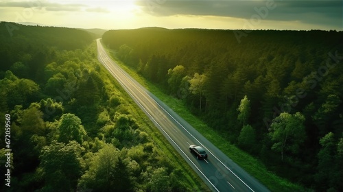 Aerial view of road in beautiful green forest at sunset in spring. Colorful landscape with car on the roadway, trees in summer. Top view from drone of highway in Croatia. View from above. Travel © HN Works