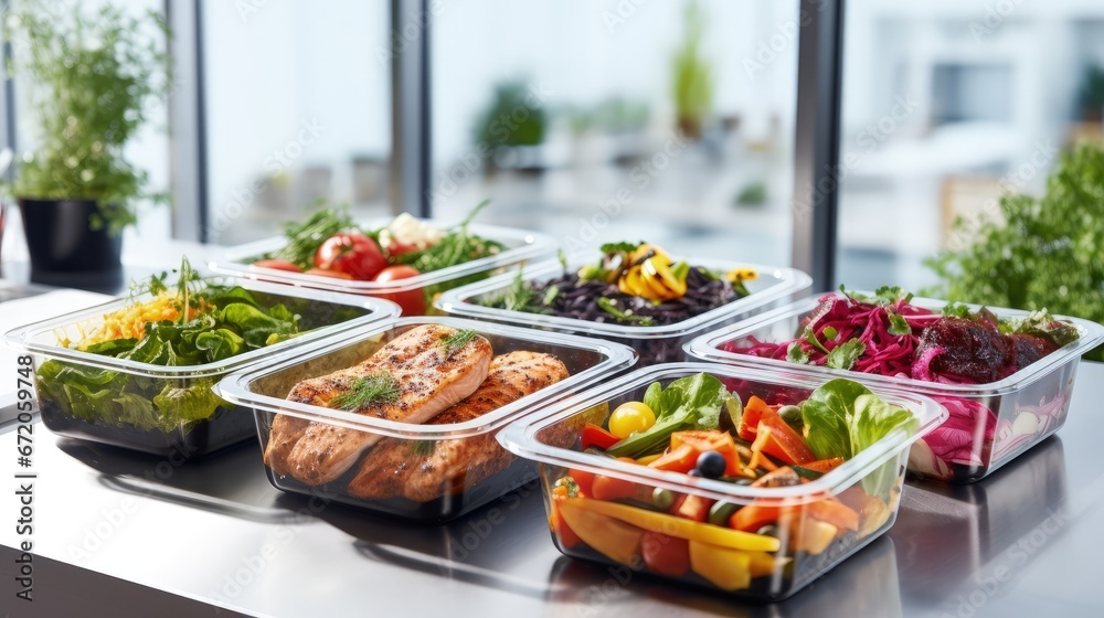Healthy food delivery. Fitness food. Weight loss nutrition diet. Eat right concept, healthy food, clean food take away in aluminium boxes, vegetable salads and meat at white wooden table closeup